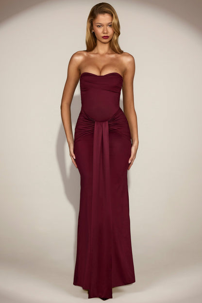 Satin Peekaboo Bandeau Draped Gown in Wine Red