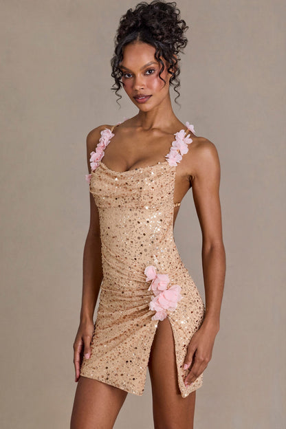 Premium Embellished Open-Back Mini Dress in Gold