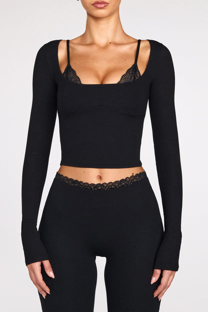 Ribbed Modal Long-Sleeve Laced Bra Top in Black